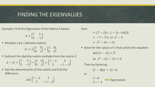 FINDING THE EIGENVALUES
Example: Find the Eigenvalue of the Matrix A below
𝐴 =
7 3
3 −1
 Multiply 𝜆 by 𝑖 (identity matrix)
𝜆𝑖 = 𝜆
1 0
0 1
=
𝜆 0
0 𝜆
 Subtract the identity matrix multiple from the matrix 𝐴
𝐴 − 𝜆𝑖 =
7 3
3 −1
−
𝜆 0
0 𝜆
=
7 − 𝜆 3
3 −1 − 𝜆
 Get the determinants of the matrix and find the
difference.
d𝑒𝑡
7 − 𝜆 3
3 −1 − 𝜆
then
= (7 − 𝜆)(− 1 − 𝜆) −(3)(3)
= −7 − 7𝜆+ 𝜆+ 𝜆2
− 9
= 𝜆2
− 6𝜆 − 16
 Solve for the values of 𝜆 that satisfy the equation
det 𝐴 − 𝜆i = ത
0
So 𝜆2
− 6𝜆 − 16 = 0
Then by factoring
(𝜆 − 8)(𝜆 + 2) = 0
ie:
𝜆 = 8
𝜆 = − 2
Eigenvalues
 