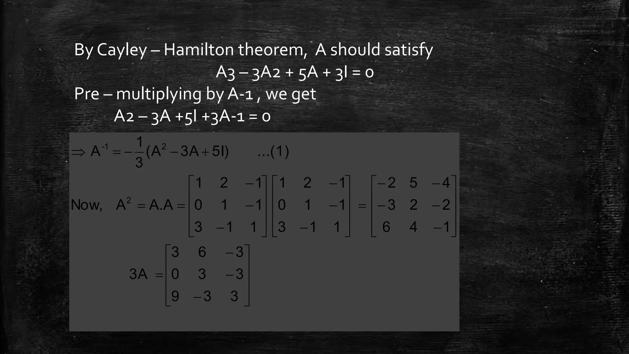 By Cayley – Hamilton theorem, A should satisfy
A3 – 3A2 + 5A + 3I = 0
Pre – multiplying by A-1 , we get
A2 – 3A +5I +3A-1 = 0
























































339
330
363
3A
146
223
452
113
110
121
113
110
121
A.AANow,
(1)...5I)3A(A
3
1
A
2
21-
 