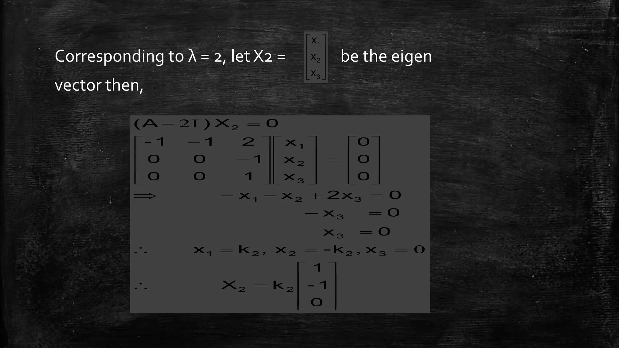 Corresponding to λ = 2, let X2 = be the eigen
vector then,










3
2
1
x
x
x

















































0
1-
1
kX
x-kx,kx
0x
0x
02xxx
0
0
0
x
x
x
100
100
211-
0X)(A
22
32221
3
3
321
3
2
1
2
0,
I2
 