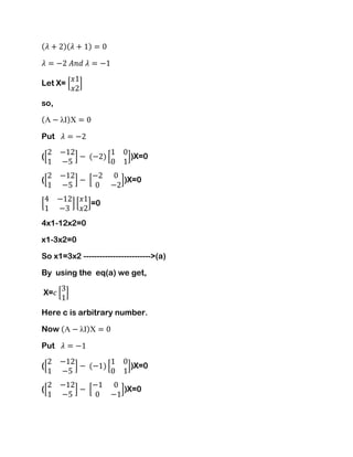 Let X=
so,
λ
Put
( )X=0
( )X=0
=0
4x1-12x2=0
x1-3x2=0
So x1=3x2 ------------------------->(a)
By using the eq(a) we get,
X=
Here c is arbitrary number.
Now λ
Put
( )X=0
( )X=0
 