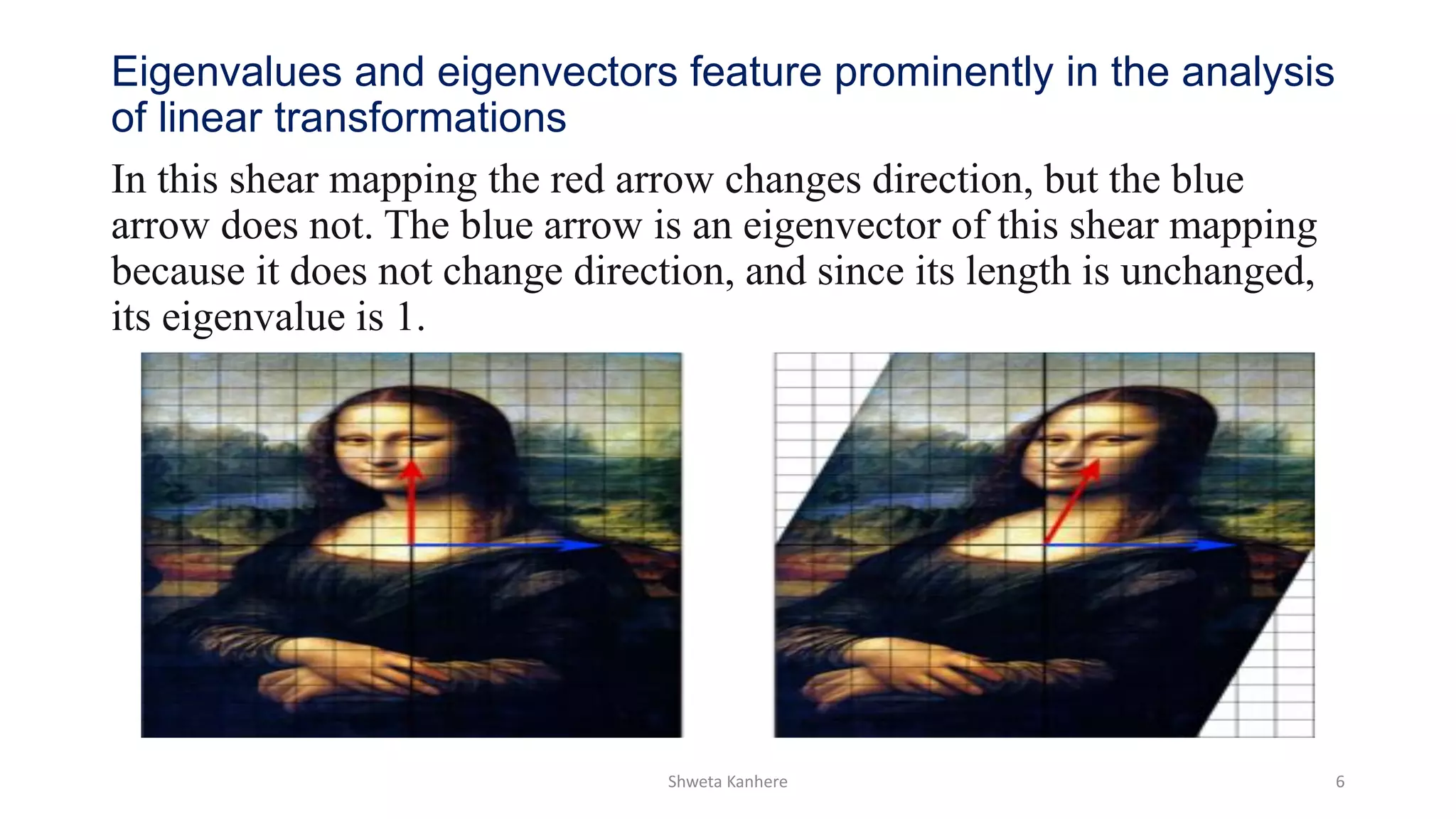 Eigenvalues and eigenvectors feature prominently in the analysis
of linear transformations
In this shear mapping the red arrow changes direction, but the blue
arrow does not. The blue arrow is an eigenvector of this shear mapping
because it does not change direction, and since its length is unchanged,
its eigenvalue is 1.
Shweta Kanhere 6
 