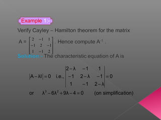 









−
−−
−
211
121
112
tion)simplifica(on049λ6λλor
0
λ211
1λ21
11λ2
i.e.,0λIA
23
=−+−
=
−−
−−−
−−
=−
Example 1:-
 
