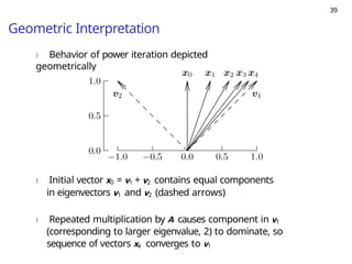 39
Geometric Interpretation
) Behavior of power iteration depicted
geometrically
) Initial vector x0 = v1 + v2 contains equal components
in eigenvectors v1 and v2 (dashed arrows)
) Repeated multiplication by A causes component in v1
(corresponding to larger eigenvalue, 2) to dominate, so
sequence of vectors xk converges to v1
 