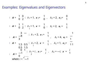 6
Examples: Eigenvalues and Eigenvectors
) A =
1 0
0 2 1 1
1
0
: λ = 1, x = , 2 2
λ = 2, x =
0
1
) A =
1 1
0 2 1
1
1
0
: λ = 1, x = , λ2 = 2, x2 =
1
1
) A =
3 —
1
: λ 1 1
= 2, x =
1
1 , λ2 = 4, x2 =
1
—
1
) A =
—1
3
1.5 0.5
0.5 1.5
1
1
1
1
: λ = 2, x = , 2 2
λ = 1, x =
—
1 1
) A =
0 1
—1
0
1
i
1 1 2
2
: λ = i , x = , λ = —i, x =
i
1
where i =
√
—1
 