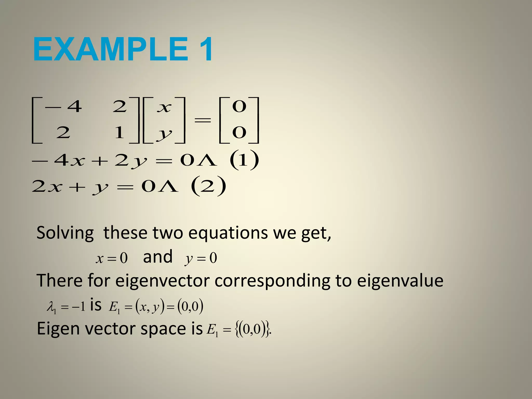 EXAMPLE 1
 
 202
1024
0
0
12
24






















yx
yx
y
x
Solving these two equations we get,
and
There for eigenvector corresponding to eigenvalue
is
Eigen vector space is
0x 0y
11     0,0,1  yxE
  .0,01 E
 