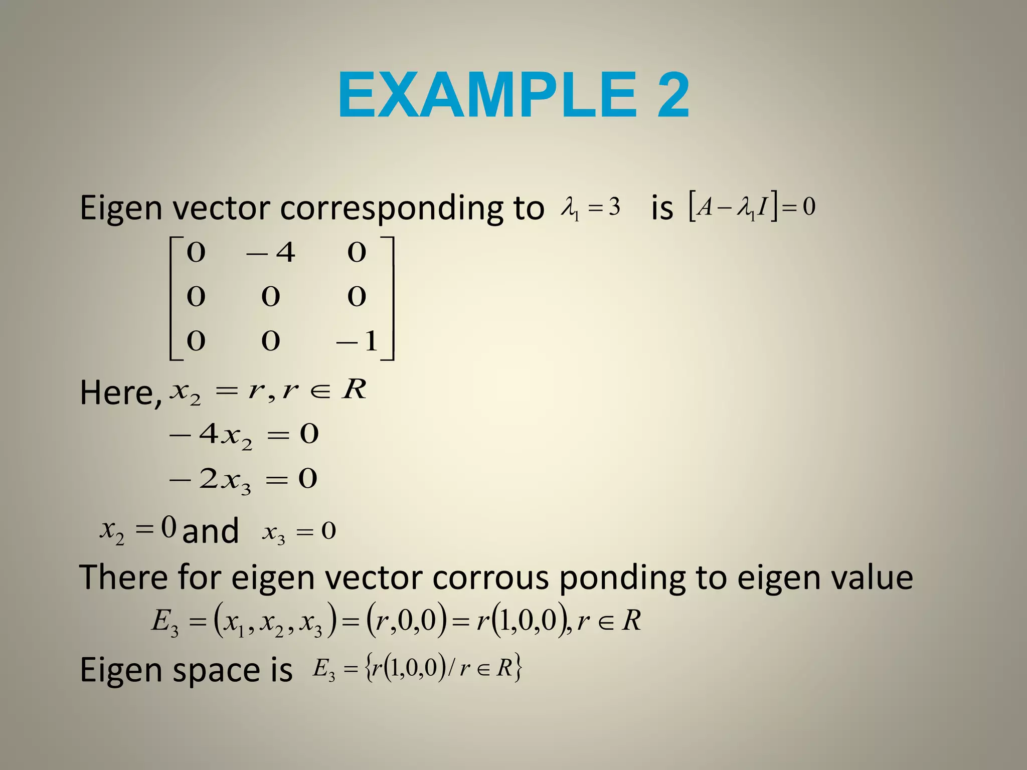 EXAMPLE 2
Eigen vector corresponding to is
Here,
and
There for eigen vector corrous ponding to eigen value
Eigen space is
31    01  IA 
02
04
,
100
000
040
3
2
2















x
x
Rrrx
02 x 03 x
      RrrrxxxE  ,0,0,10,0,,, 3213
  RrrE  /0,0,13
 