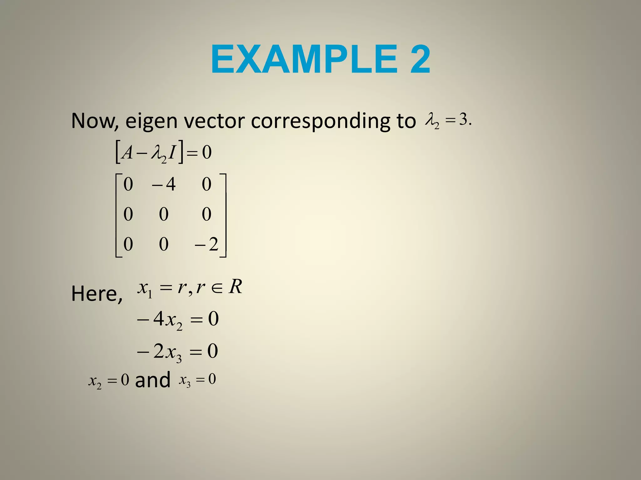 EXAMPLE 2
Now, eigen vector corresponding to
Here,
and
.32 
 













200
000
040
02IA 
02
04
,
3
2
1



x
x
Rrrx
02 x 03 x
 