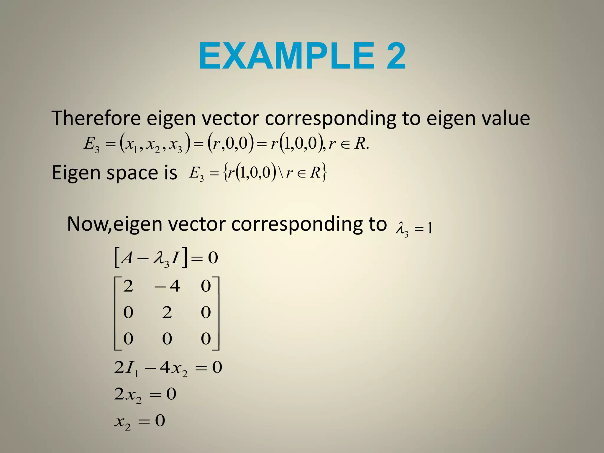EXAMPLE 2
Therefore eigen vector corresponding to eigen value
Eigen space is
      .,0,0,10,0,,, 3213 RrrrxxxE 
  RrrE  0,0,13
Now,eigen vector corresponding to 13 
 
0
02
042
000
020
042
0
2
2
21
3












 

x
x
xI
IA 
 