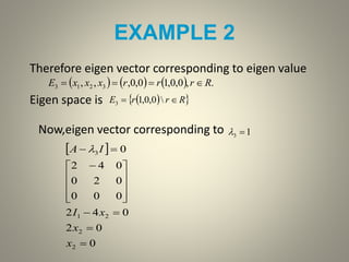 EXAMPLE 2
Therefore eigen vector corresponding to eigen value
Eigen space is
      .,0,0,10,0,,, 3213 RrrrxxxE 
  RrrE  0,0,13
Now,eigen vector corresponding to 13 
 
0
02
042
000
020
042
0
2
2
21
3












 

x
x
xI
IA 
 