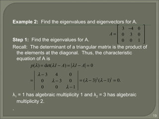 19
Example 2: Find the eigenvalues and eigenvectors for A.
Step 1: Find the eigenvalues for A.
Recall: The determinant of a triangular matrix is the product of
the elements at the diagonal. Thus, the characteristic
equation of A is
λ1 = 1 has algebraic multiplicity 1 and λ2 = 3 has algebraic
multiplicity 2.
.
A =
3 −4 0
0 3 0
0 0 1










p(λ) = det(λI − A) = λI − A = 0
=
λ − 3 4 0
0 λ − 3 0
0 0 λ −1
= (λ − 3)2
(λ −1)1
= 0.
 