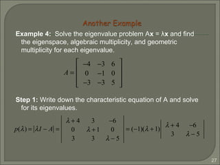 27
Example 4: Solve the eigenvalue problem Ax = λx and find
the eigenspace, algebraic multiplicity, and geometric
multiplicity for each eigenvalue.
Step 1: Write down the characteristic equation of A and solve
for its eigenvalues.
A =
−4 −3 6
0 −1 0
−3 −3 5










p(λ) = λI − A =
λ + 4 3 −6
0 λ +1 0
3 3 λ − 5
= (−1)(λ +1)
λ + 4 −6
3 λ − 5
 