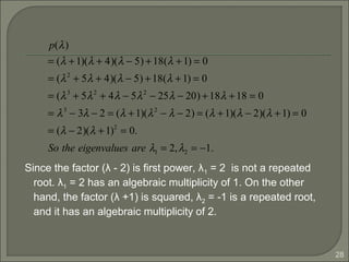 28
Since the factor (λ - 2) is first power, λ1 = 2 is not a repeated
root. λ1 = 2 has an algebraic multiplicity of 1. On the other
hand, the factor (λ +1) is squared, λ2 = -1 is a repeated root,
and it has an algebraic multiplicity of 2.
p(λ)
= (λ +1)(λ + 4)(λ − 5) +18(λ +1) = 0
= (λ2
+ 5λ + 4)(λ − 5) +18(λ +1) = 0
= (λ3
+ 5λ2
+ 4λ − 5λ2
− 25λ − 20) +18λ +18 = 0
= λ3
− 3λ − 2 = (λ +1)(λ2
− λ − 2) = (λ +1)(λ − 2)(λ +1) = 0
= (λ − 2)(λ +1)2
= 0.
So the eigenvalues are λ1 = 2,λ2 = −1.
 