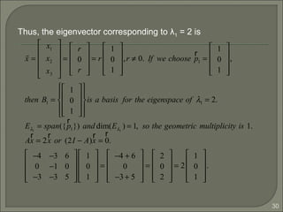 30
Thus, the eigenvector corresponding to λ1 = 2 is
r
x =
x1
x2
x3










=
r
0
r










= r
1
0
1










,r ≠ 0. If we choose
r
p1 =
1
0
1










,
then B1 =
1
0
1




















is a basis for the eigenspace of λ1 = 2.
Eλ1
= span({
r
p1}) and dim(Eλ1
) = 1, so the geometric multiplicity is 1.
A
r
x = 2
r
x or (2I − A)
r
x =
r
0.
−4 −3 6
0 −1 0
−3 −3 5










1
0
1










=
−4 + 6
0
−3+ 5










=
2
0
2










= 2
1
0
1










.
 