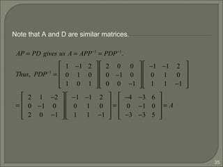 35
AP = PD gives us A = APP−1
= PDP−1
.
Thus, PDP−1
=
1 −1 2
0 1 0
1 0 1










2 0 0
0 −1 0
0 0 −1










−1 −1 2
0 1 0
1 1 −1










=
2 1 −2
0 −1 0
2 0 −1










−1 −1 2
0 1 0
1 1 −1










=
−4 −3 6
0 −1 0
−3 −3 5










= A
Note that A and D are similar matrices.
 