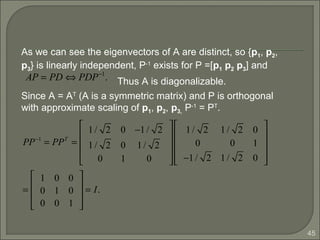 45
As we can see the eigenvectors of A are distinct, so {p1, p2,
p3} is linearly independent, P-1
exists for P =[p1 p2 p3] and
Thus A is diagonalizable.
Since A = AT
(A is a symmetric matrix) and P is orthogonal
with approximate scaling of p1, p2, p3, P-1
= PT
.
AP = PD ⇔ PDP−1
.
PP−1
= PPT
=
1/ 2 0 −1/ 2
1/ 2 0 1/ 2
0 1 0










1/ 2 1/ 2 0
0 0 1
−1/ 2 1/ 2 0










=
1 0 0
0 1 0
0 0 1










= I.
 