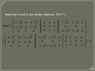 46
PDPT
=
1/ 2 0 −1/ 2
1/ 2 0 1/ 2
0 1 0










4 0 0
0 −2 0
0 0 6










1/ 2 1/ 2 0
0 0 1
−1/ 2 1/ 2 0










=
4 / 2 0 −6 / 2
4 / 2 0 6 / 2
0 −2 0










1/ 2 1/ 2 0
0 0 1
−1/ 2 1/ 2 0










=
5 −1 0
−1 5 0
0 0 −2










= A.
Note that A and D are similar matrices. PD P-1
=
 