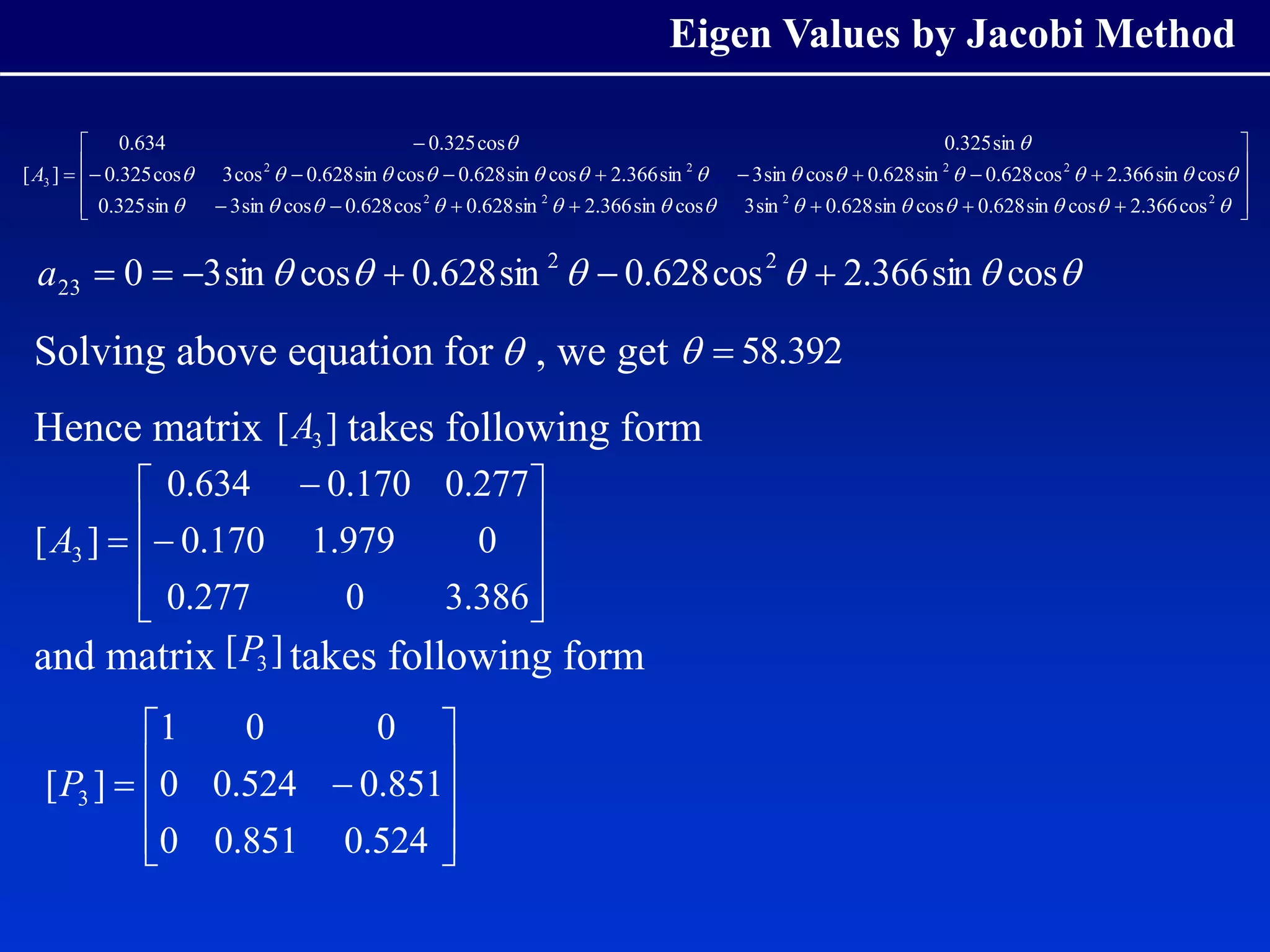 Eigen Values by Jacobi Method
Solving above equation for , we get
Hence matrix takes following form
and matrix takes following form

]
[ 3
A
]
[ 3
P























































2
2
2
2
2
2
2
2
3
cos
366
.
2
cos
sin
628
.
0
cos
sin
628
.
0
sin
3
cos
sin
366
.
2
sin
628
.
0
cos
628
.
0
cos
sin
3
sin
325
.
0
cos
sin
366
.
2
cos
628
.
0
sin
628
.
0
cos
sin
3
sin
366
.
2
cos
sin
628
.
0
cos
sin
628
.
0
cos
3
cos
325
.
0
sin
325
.
0
cos
325
.
0
634
.
0
]
[A





 cos
sin
366
.
2
cos
628
.
0
sin
628
.
0
cos
sin
3
0 2
2
23 





a
392
.
58















386
.
3
0
277
.
0
0
979
.
1
170
.
0
277
.
0
170
.
0
634
.
0
]
[ 3
A












524
.
0
851
.
0
0
851
.
0
524
.
0
0
0
0
1
]
[ 3
P
 