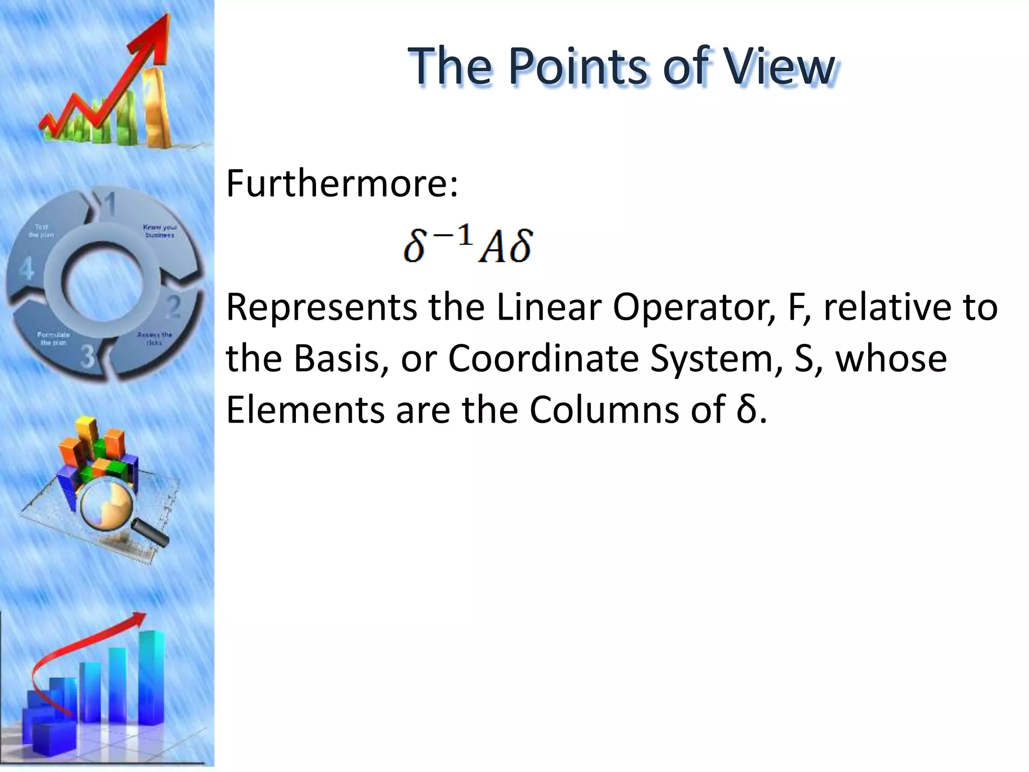The Points of View
Furthermore:

Represents the Linear Operator, F, relative to
the Basis, or Coordinate System, S, whose
Elements are the Columns of δ.
 