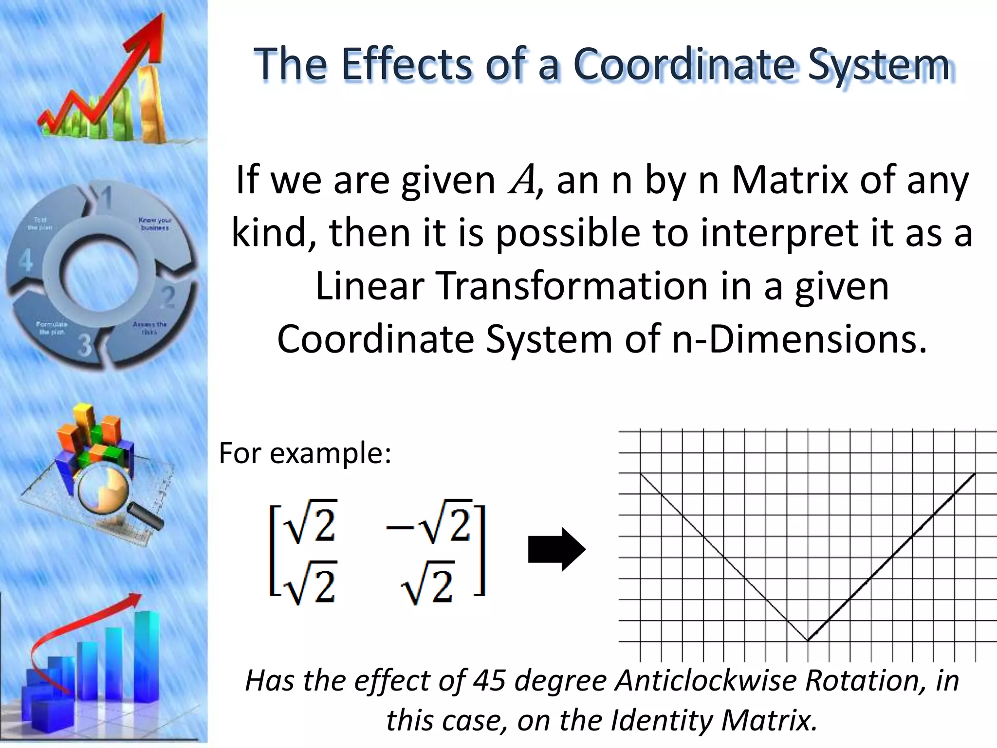 The Effects of a Coordinate System

If we are given A, an n by n Matrix of any
kind, then it is possible to interpret it as a
     Linear Transformation in a given
   Coordinate System of n-Dimensions.

For example:




 Has the effect of 45 degree Anticlockwise Rotation, in
            this case, on the Identity Matrix.
 