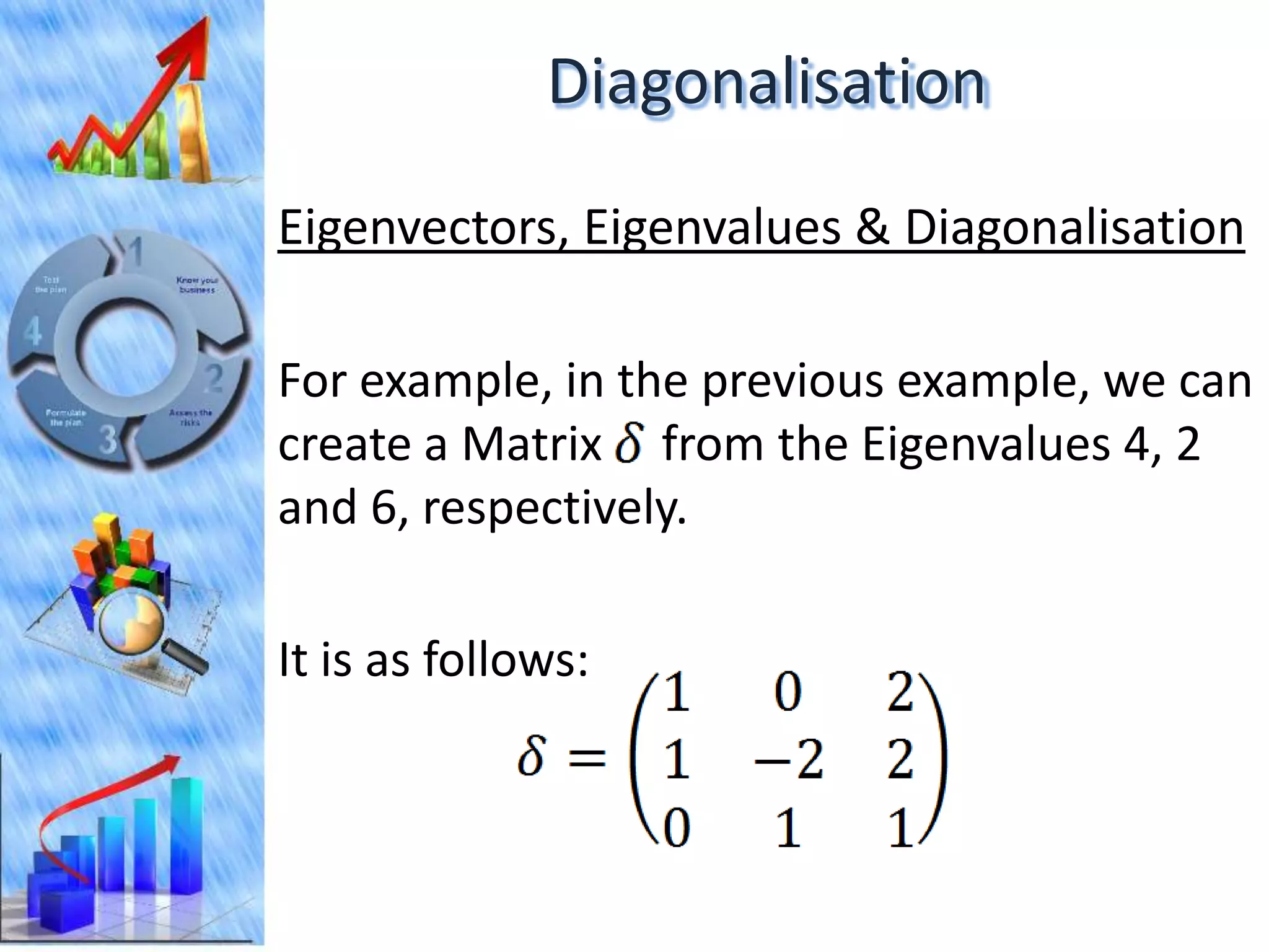 Diagonalisation
Eigenvectors, Eigenvalues & Diagonalisation

For example, in the previous example, we can
create a Matrix from the Eigenvalues 4, 2
and 6, respectively.

It is as follows:
 