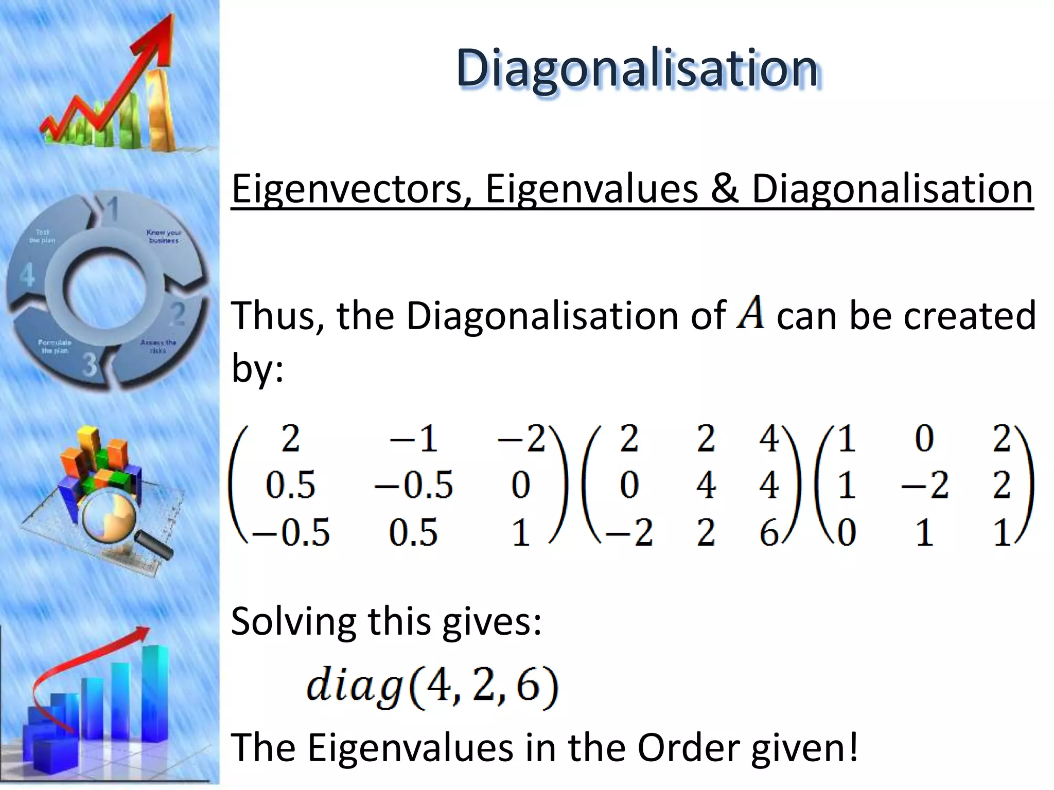 Diagonalisation
Eigenvectors, Eigenvalues & Diagonalisation

Thus, the Diagonalisation of   can be created
by:




Solving this gives:

The Eigenvalues in the Order given!
 