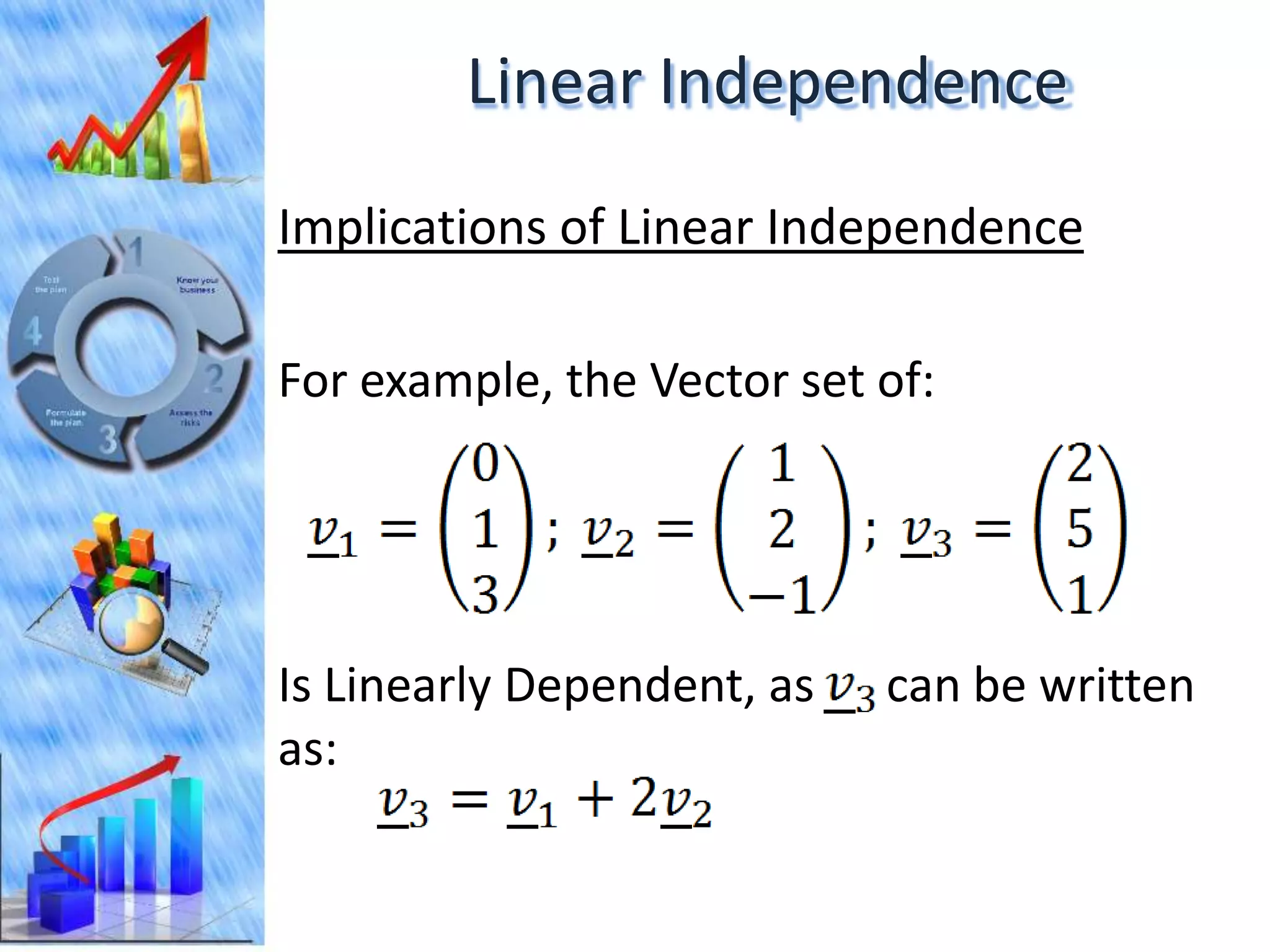 Linear Independence
Implications of Linear Independence

For example, the Vector set of:




Is Linearly Dependent, as   can be written
as:
 