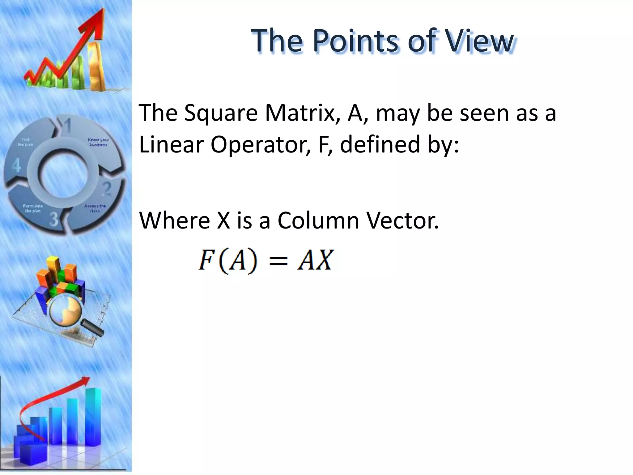 The Points of View
The Square Matrix, A, may be seen as a
Linear Operator, F, defined by:

Where X is a Column Vector.
 