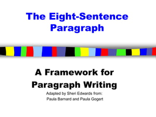 The Eight-Sentence
Paragraph
A Framework for
Paragraph Writing
Adapted by Sheri Edwards from:
Paula Barnard and Paula Gogert
 