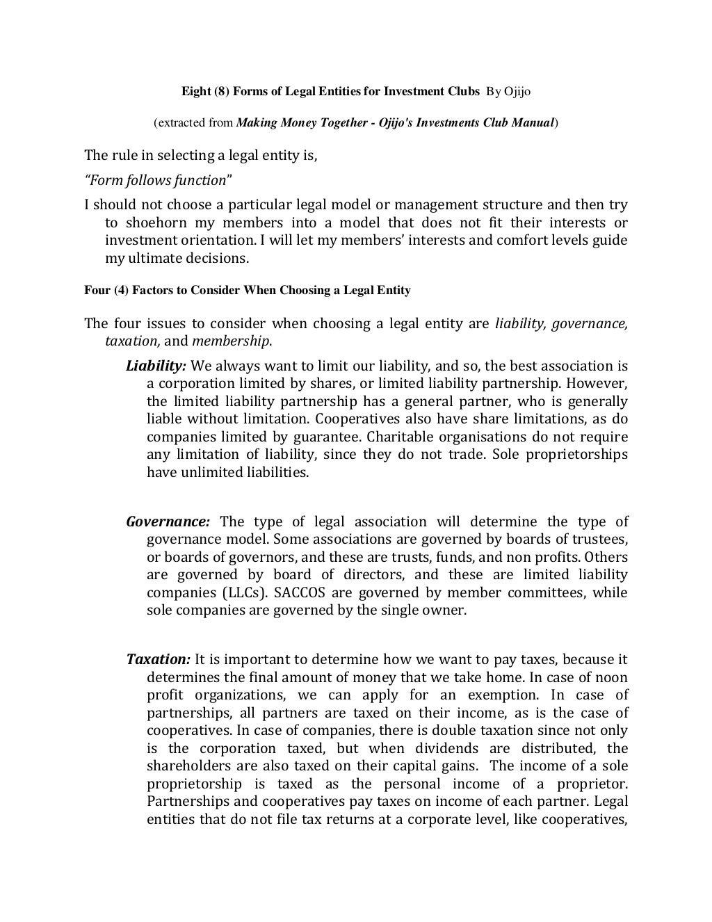 Eight (8) forms of legal entities for investment clubs by ojijo