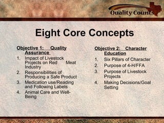 Eight Core Concepts
Objective 1: Quality
Assurance
1. Impact of Livestock
Projects on Red Meat
Industry
2. Responsibilities of
Producing a Safe Product
3. Medication use/Reading
and Following Labels
4. Animal Care and Well-
Being
Objective 2: Character
Education
1. Six Pillars of Character
2. Purpose of 4-H/FFA
3. Purpose of Livestock
Projects
4. Making Decisions/Goal
Setting
 