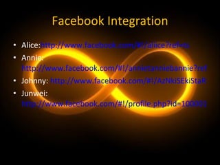 Facebook Integration Alice: http://www.facebook.com/#!/aliice?ref=ts Annie:  http://www.facebook.com/#!/annietanniebannie?ref=ts Johnny:  http://www.facebook.com/#!/AzNkiSEkiStaR Junwei: http://www.facebook.com/#!/profile.php?id=100001146442174&ref=ts 
