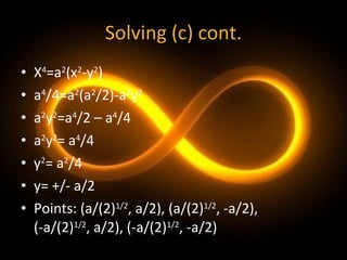 Solving (c) cont. X 4 =a 2 (x 2 -y 2 ) a 4 /4=a 2 (a 2 /2)-a 2 y 2 a 2 y 2 =a 4 /2 – a 4 /4 a 2 y 2 = a 4 /4 y 2 = a 2 /4 y= +/- a/2 Points: (a/(2) 1/2 , a/2), (a/(2) 1/2 , -a/2),    (-a/(2) 1/2 , a/2), (-a/(2) 1/2 , -a/2) 