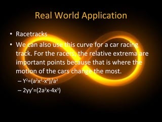 Real World Application Racetracks We can also use this curve for a car racing track. For the racers, the relative extrema are important points because that is where the motion of the cars change the most. Y 2 =(a 2 x 2 -x 4 )/a 2 2yy’=(2a 2 x-4x 3 ) 