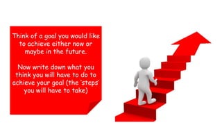 Think of a goal you would like
to achieve either now or
maybe in the future.
Now write down what you
think you will have to do to
achieve your goal (the ‘steps’
you will have to take)
 