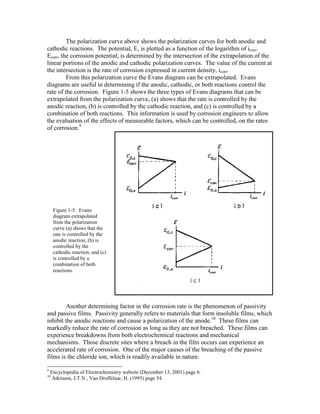 The polarization curve above shows the polarization curves for both anodic and
cathodic reactions. The potential, E, is plotted as a function of the logarithm of icorr.
Ecorr, the corrosion potential, is determined by the intersection of the extrapolation of the
linear portions of the anodic and cathodic polarization curves. The value of the current at
the intersection is the rate of corrosion expressed in current density, icorr.
From this polarization curve the Evans diagram can be extrapolated. Evans
diagrams are useful in determining if the anodic, cathodic, or both reactions control the
rate of the corrosion. Figure 1-5 shows the three types of Evans diagrams that can be
extrapolated from the polarization curve, (a) shows that the rate is controlled by the
anodic reaction, (b) is controlled by the cathodic reaction, and (c) is controlled by a
combination of both reactions. This information is used by corrosion engineers to allow
the evaluation of the effects of measurable factors, which can be controlled, on the rates
of corrosion.9
Another determining factor in the corrosion rate is the phenomenon of passivity
and passive films. Passivity generally refers to materials that form insoluble films, which
inhibit the anodic reactions and cause a polarization of the anode.10
These films can
markedly reduce the rate of corrosion as long as they are not breached. These films can
experience breakdowns from both electrochemical reactions and mechanical
mechanisms. Those discrete sites where a breach in the film occurs can experience an
accelerated rate of corrosion. One of the major causes of the breaching of the passive
films is the chloride ion, which is readily available in nature.
9
Encyclopedia of Electrochemistry website (December 13, 2001) page 6.
10
Atkinson, J.T.N., Van Droffelaar, H. (1995) page 54.
Figure 1-5. Evans
diagram extrapolated
from the polarization
curve (a) shows that the
rate is controlled by the
anodic reaction, (b) is
controlled by the
cathodic reaction, and (c)
is controlled by a
combination of both
reactions.
 
