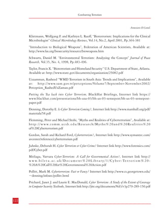 Readings and Referrences

Combatting Terrorism

Annexure-II Contd.

Annexure-II Contd.

Klietmann, Wolfgang F. and Kathryn L. Ruoff, “Bioterrorism: Implications for the Clinical
Microbiologist” Clinical Microbiology Reviews, Vol.14, No.2, April 2001, Pp.364-381

Rathmell, Dr. Andrew. “Cyber-terrorism: The Shape of Future Conflict,” Royal United
Service Institute Journal. October, 1997.

“Introduction to Biological Weapons”, Federation of American Scientists, Available at:
http://www.fas.org/biosecurity/resource/bioweapons.htm

Rod, Stark, Cyber Terrorism: Rethinking New Technology, at http://www.infowar.com/
MIL_C4I/stark/ Cyber_Terrorism_Rethinking_New_Technology1.html

Schwarts, Daniel M. “Environmental Terrorism: Analyzing the Concept” Journal of Peace
Research, Vol.35, No. 4, 1998, Pp.483-496.

Tucker, David The Future of Armed Resistance: Cyberterror? Mass Destruction? Internet link
http://www.nps.navy.mil/ctiw/files/substate_conflict_dynamics.pdf

Taylor, Francis X. “Bioterrorism and Homeland Security” U.S. Department of State, Atlanta.
Available at: http://www.state.gov/documents/organization/25082.pdf

Dale, Stephen “The Mappilla Outbreaks: Ideology and Social Conflict in 19th Century Kerala”
Journal of Asian Studies, (Vol. 35, No.1, 1975), Pp. 85-98.

Uzzamman, Rasheed “WMD Terrorism in South Asia: Trends and Implications”, Available
at: http://www.sam.gov.tr/perceptions/Volume7/September-November2002/
Perception_RashedUzZaman.pdf

Douglas Hart and Steven Simon: “Thinking Straight and Jacking Straight: Problems of
Intelligence Analysis”; Survival (Journal of USS) Vol 48, No. Spring 2006
Internet Resources

Putting the Tea back into Cyber Terrorism, BlackHat Briefings, Internet link https://
www.blackhat.com/presentations/bh-usa-03/bh-us-03-sensepost/bh-us-03-sensepostpaper.pdf

The Free Dictionary

Denning, Dorothy E. Is Cyber Terrorism Coming?, Internet link http://www.marshall.org/pdf/
materials/58.pdf

Denning, Dorothy E. Testimony before the Special Oversight Panel on Terrorism,

Wikipedia: the free encyclopedia

Internet link http://www.cs.georgetown.edu/~denning/infosec/cyberterror
Flemming, Peter and Michael Stohi, “Myths and Realities of Cyberterrorism”, Available at:
h t t p : / / w w w. c o m m . u c s b . e d u / R e s e a r c h / M y t h s % 2 0 a n d % 2 0 R e a l i t i e s % 2 0
of%20Cyberterrorism.pdf

DCSINT Handbook 1.02, “Cyber Operations and Cyber Terrorism”,

Gordon, Sarah and Richard Ford, Cyberterrorism?, Internet link http://www.symantec.com/
avcenter/reference/cyberterrorism.pdf

Websites

Juhnke, Deborah H. Cyber Terrorism or Cyber Crime? Internet link http://www.forensics.com/
pdf/Cyber.pdf

Internet link: http://fas.org/irp/threat/terrorism/sup2.pdf

www.aph.gov.au
www.en.wikipedia.org

Mitliaga, Varvara Cyber-Terrorism: A Call for Governmental Action?, Internet link http://
w w w. b i l e t a . a c . u k / D o c u m e n t % 2 0 L i b r a r y / 1 / C y b e r - Te r r o r i s m % 2 0 %20A%20Call%20for%20Governmental%20Action.pdf

www.homeoffice.gov.uk

Pollitt, Mark M. Cyberterrorism: Fact or Fancy? Internet link http://www.cs.georgetown.edu/
~denning/infosec/pollitt.html

www.satp.org

www.justice.gc.ca

www.unodc.org

Prichard, Janet J. and Laurie E. MacDonald, Cyber Terrorism: A Study of the Extent of Coverage
in Computer Security Textbooks, Internet link http://jite.org/documents/Vol3/v3p279-289-150.pdf

122

123

 