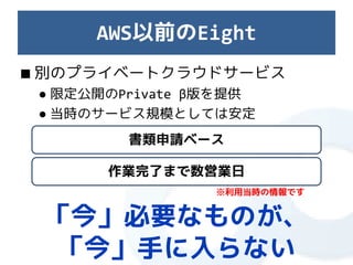 AWS以前のEight
■ 別のプライベートクラウドサービス
 ● 限定公開のPrivate β版を提供
 ● 当時のサービス規模としては安定
         書類申請ベース

       作業完了まで数営業日
                 ※利用当時の情報です


 「今」必要なものが、
 「今」手に入らない
 