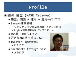 Profile
■ 間瀬 哲也 (MASE Tetsuya)
 ● 略歴: 開発 → 運用 → 運用+インフラ
 ● Sansan株式会社
   • リンクナレッジ事業部所属 インフラ担当
   • Eight(別事業部)はインフラ助っ人
 ● AWS歴：1年ちょっと
 ● 好きなAWSサービス：S3
 ● Twitter: @matetsu
   • ひとりごと
 ● Facebook: tetsuya.mase
   • メシログ
 