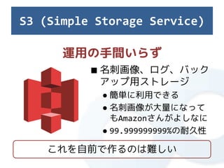 S3 (Simple Storage Service)

      運用の手間いらず
          ■ 名刺画像、ログ、バック
            アップ用ストレージ
            ● 簡単に利用できる
            ● 名刺画像が大量になって
              もAmazonさんがよしなに
            ● 99.999999999%の耐久性

    これを自前で作るのは難しい
 
