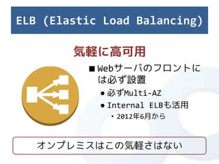 ELB (Elastic Load Balancing)

        気軽に高可用
          ■ Webサーバのフロントに
            は必ず設置
            ● 必ずMulti-AZ
            ● Internal ELBも活用
              • 2012年6月から



   オンプレミスはこの気軽さはない
 