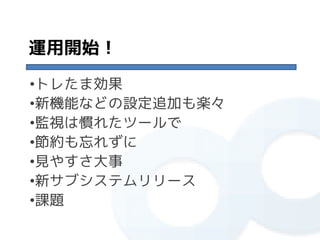 運用開始！
•トレたま効果
•新機能などの設定追加も楽々
•監視は慣れたツールで
•節約も忘れずに
•見やすさ大事
•新サブシステムリリース
•課題
 