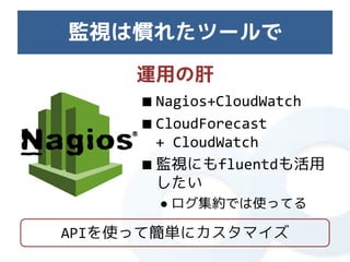 監視は慣れたツールで
     運用の肝
     ■ Nagios+CloudWatch
     ■ CloudForecast
       + CloudWatch
     ■ 監視にもfluentdも活用
       したい
      ● ログ集約では使ってる

APIを使って簡単にカスタマイズ
 