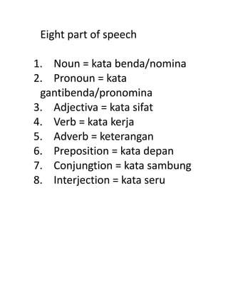 Eight part of speech
1. Noun = kata benda/nomina
2. Pronoun = kata
gantibenda/pronomina
3. Adjectiva = kata sifat
4. Verb = kata kerja
5. Adverb = keterangan
6. Preposition = kata depan
7. Conjungtion = kata sambung
8. Interjection = kata seru
abahasa)
 