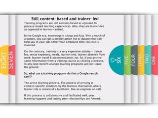 ONE
TWO
THREE
FOUR
FIVE
SIX
SEVEN
EIGHT
Still, content-based and trainer-led
Training programs are still content-based as ...