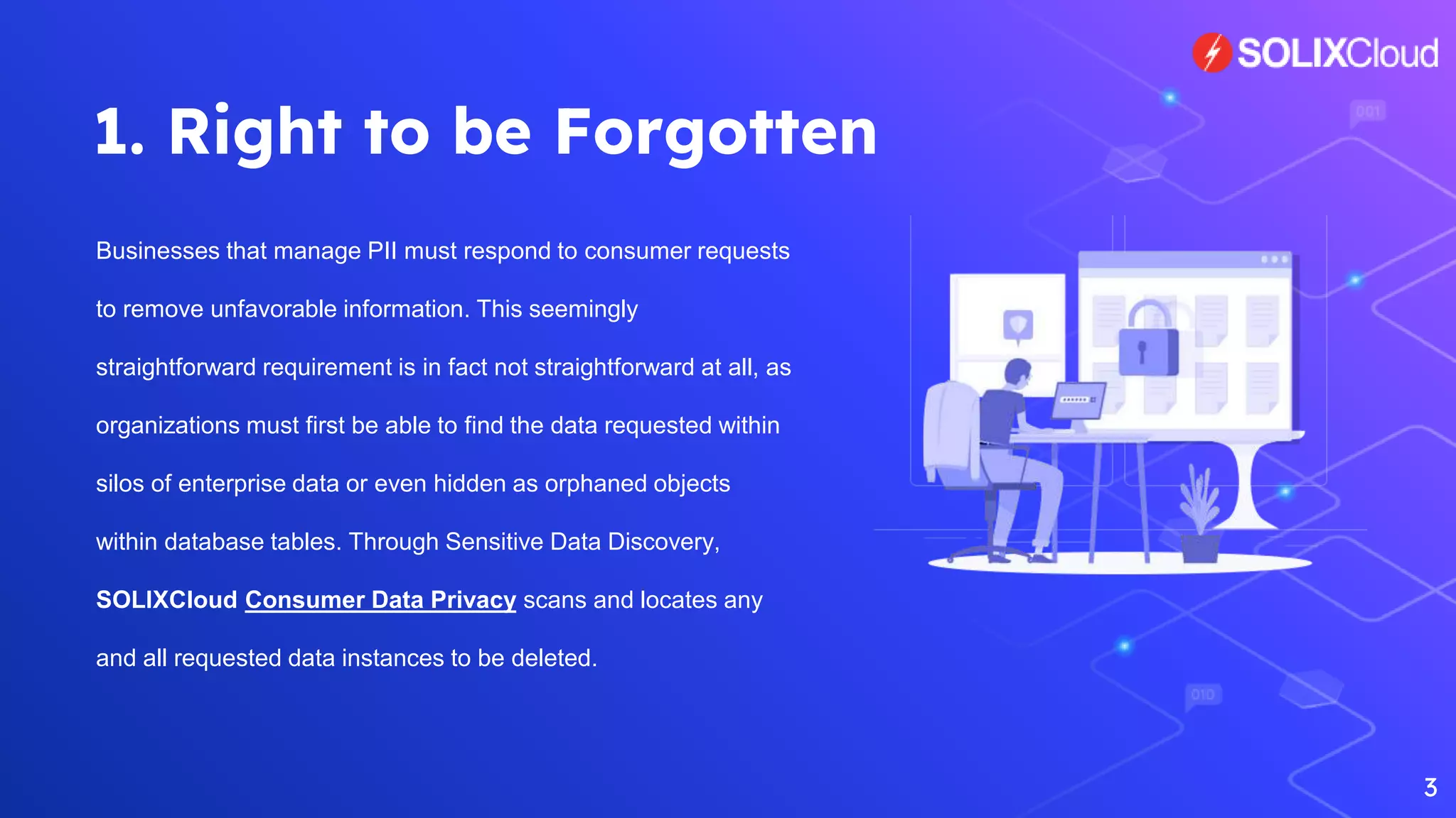 1. Right to be Forgotten
Businesses that manage PII must respond to consumer requests
to remove unfavorable information. This seemingly
straightforward requirement is in fact not straightforward at all, as
organizations must first be able to find the data requested within
silos of enterprise data or even hidden as orphaned objects
within database tables. Through Sensitive Data Discovery,
SOLIXCloud Consumer Data Privacy scans and locates any
and all requested data instances to be deleted.
3
 
