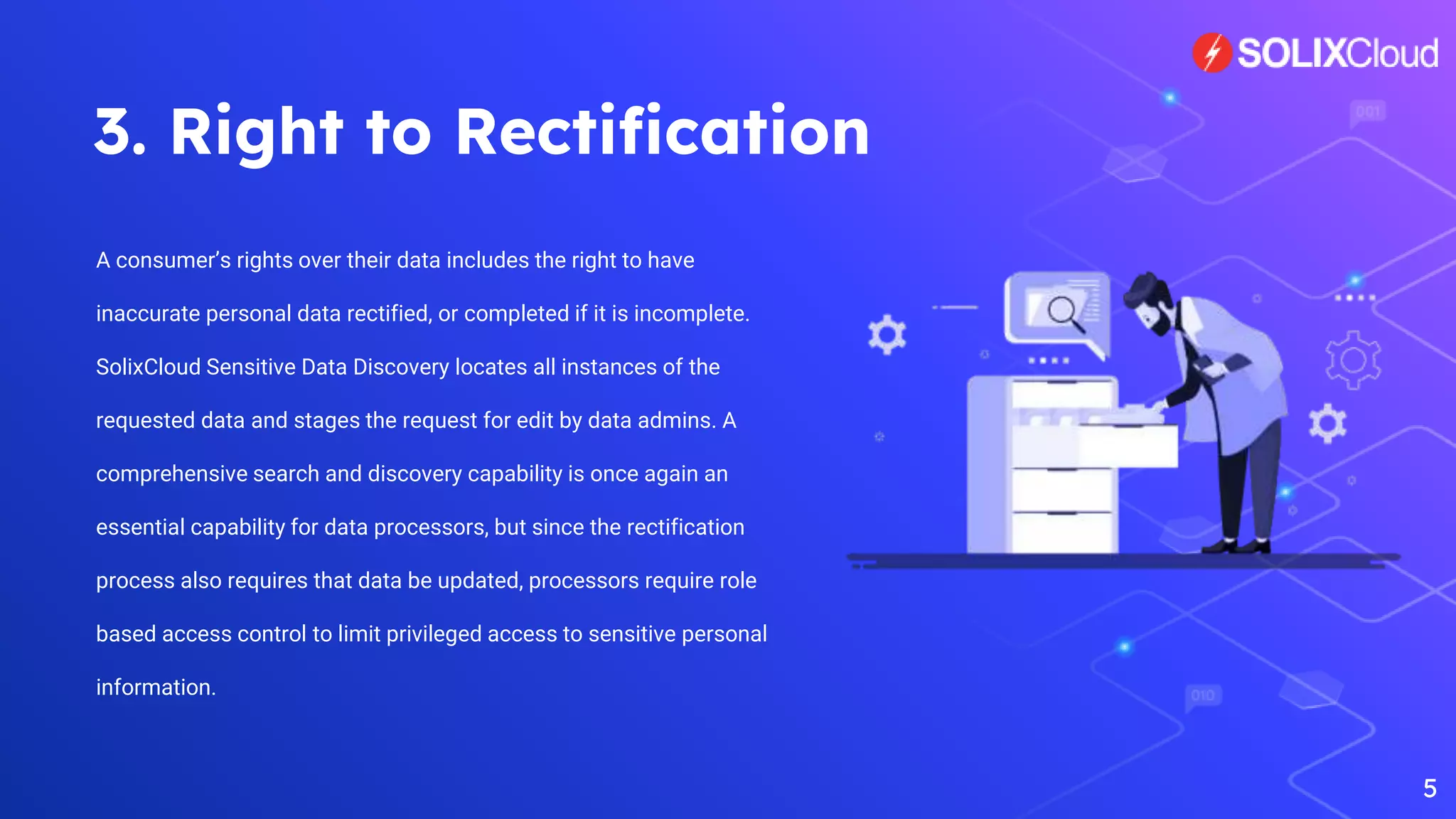 3. Right to Rectification
A consumer’s rights over their data includes the right to have
inaccurate personal data rectified, or completed if it is incomplete.
SolixCloud Sensitive Data Discovery locates all instances of the
requested data and stages the request for edit by data admins. A
comprehensive search and discovery capability is once again an
essential capability for data processors, but since the rectification
process also requires that data be updated, processors require role
based access control to limit privileged access to sensitive personal
information.
5
 