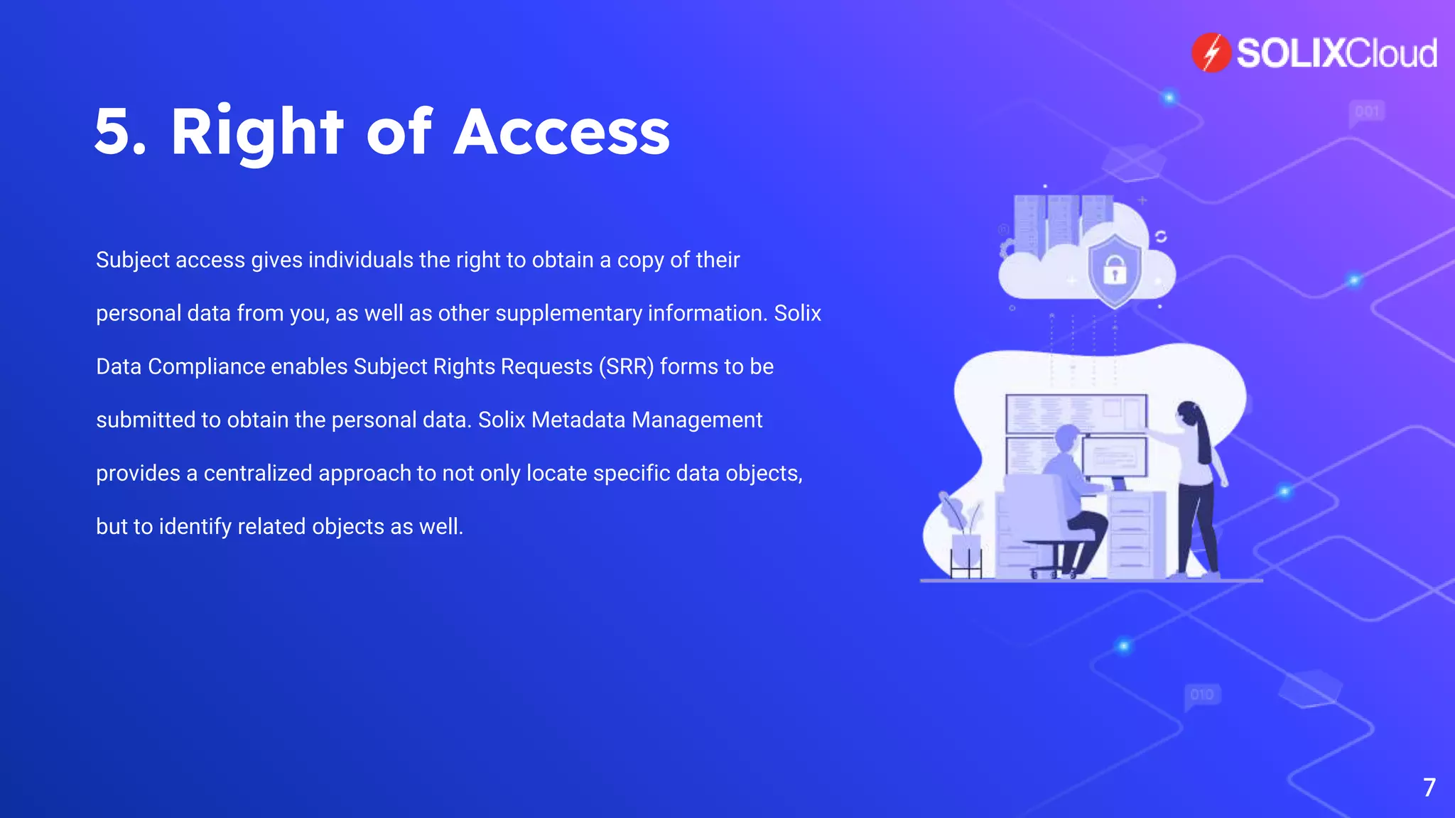 5. Right of Access
Subject access gives individuals the right to obtain a copy of their
personal data from you, as well as other supplementary information. Solix
Data Compliance enables Subject Rights Requests (SRR) forms to be
submitted to obtain the personal data. Solix Metadata Management
provides a centralized approach to not only locate specific data objects,
but to identify related objects as well.
7
 