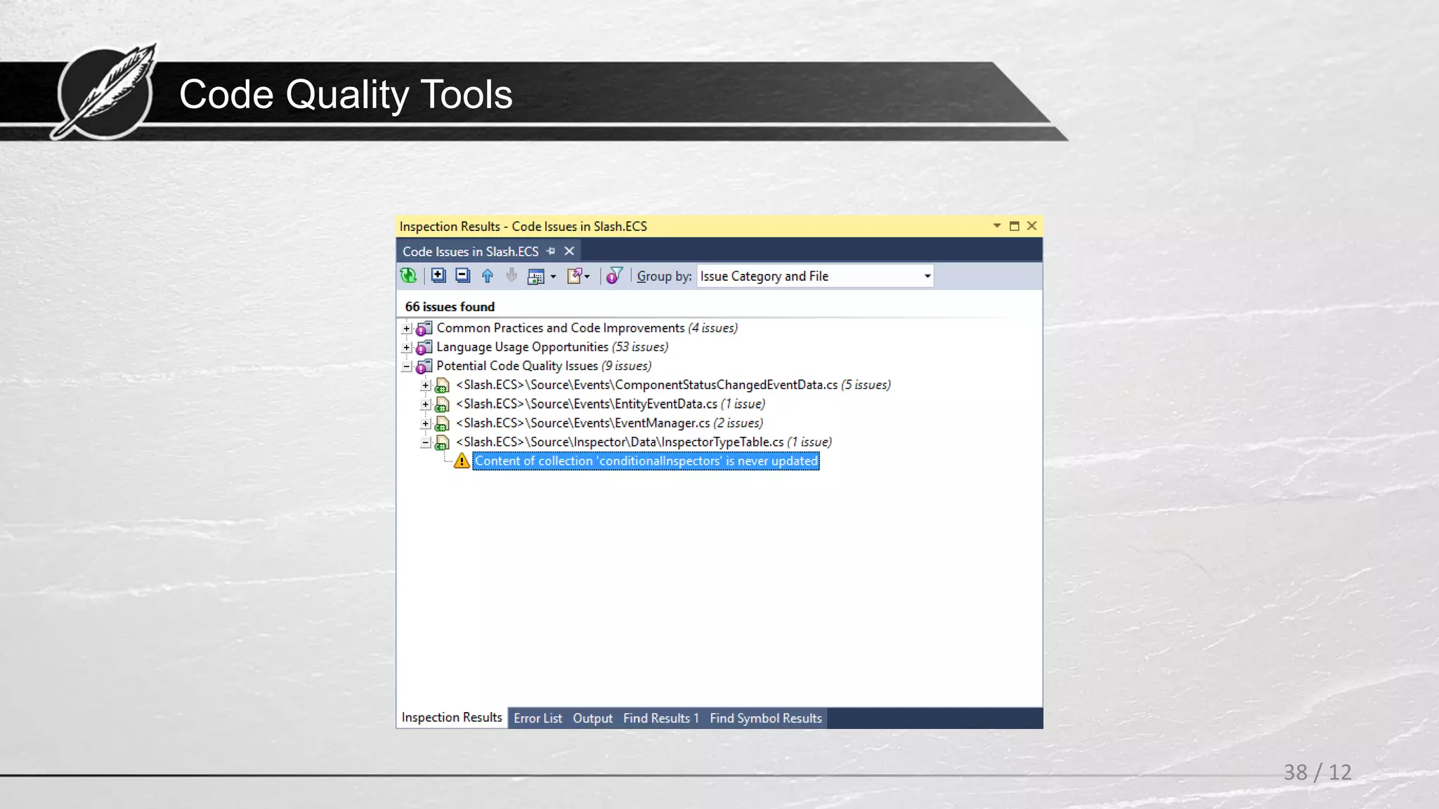 Code Quality Tools
38 / 12
 
