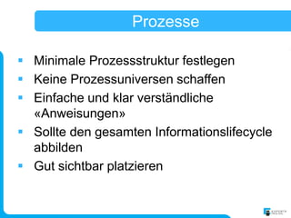 Prozesse

 Minimale Prozessstruktur festlegen
 Keine Prozessuniversen schaffen
 Einfache und klar verständliche
  «Anweisungen»
 Sollte den gesamten Informationslifecycle
  abbilden
 Gut sichtbar platzieren
 