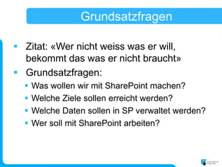 Grundsatzfragen

 Zitat: «Wer nicht weiss was er will,
  bekommt das was er nicht braucht»
 Grundsatzfragen:
     Was wollen wir mit SharePoint machen?
     Welche Ziele sollen erreicht werden?
     Welche Daten sollen in SP verwaltet werden?
     Wer soll mit SharePoint arbeiten?
 